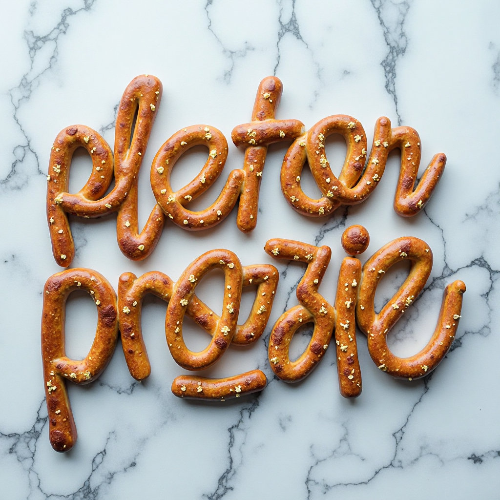 Cursive topography of "ideogram" made out of golden-brown pretzels artfully arranged on a cool, light gray marble surface.