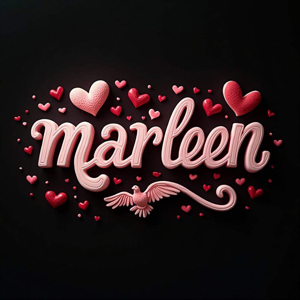 A 3D rendering of the name "marleen" in a charming, rounded font with pastel shades of deep red, white, and pink. The name is adorned with red love symbols, pink hearts, and eagles. below text signatured @marlin prambanan.The background is soft black, adding depth and dimension to the design. This typeface is perfect for romantic and youthful projects, photography, and more.