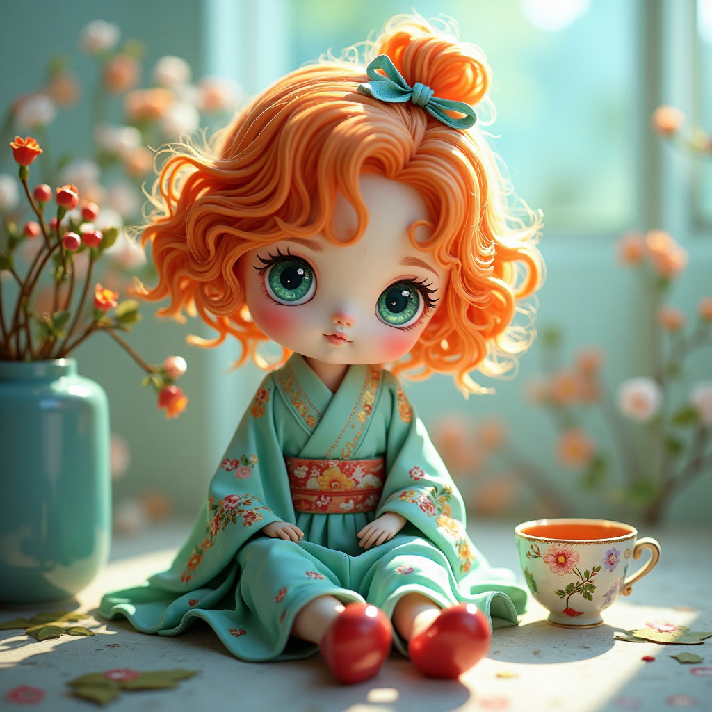 A cute art-doll with glossy orange curly hair sits centered amidst blooming teal-blue flowers, wearing a pastel green and blue dress adorned with charmingly reinterpreted Japanese traditional patterns. Her large eyes shine with deep teal, and tiny red shoes complete the look with a vivid accent. Soft natural light casts gentle highlights on her face and hair, while a blurred pastel background in violet and blue creates a dreamy atmosphere. A small tea cup with traditional Japanese patterns rests beside her, echoing her motif and suggesting a quiet narrative. The composition is symmetrical and serene, fusing realistic textures with anime-inspired vibrancy in a dazzling 32-bit HDR color world. A poetic fusion of memory, light, and doll-like innocence. --ar 3:4 --raw --stylize 250 --v 7.0