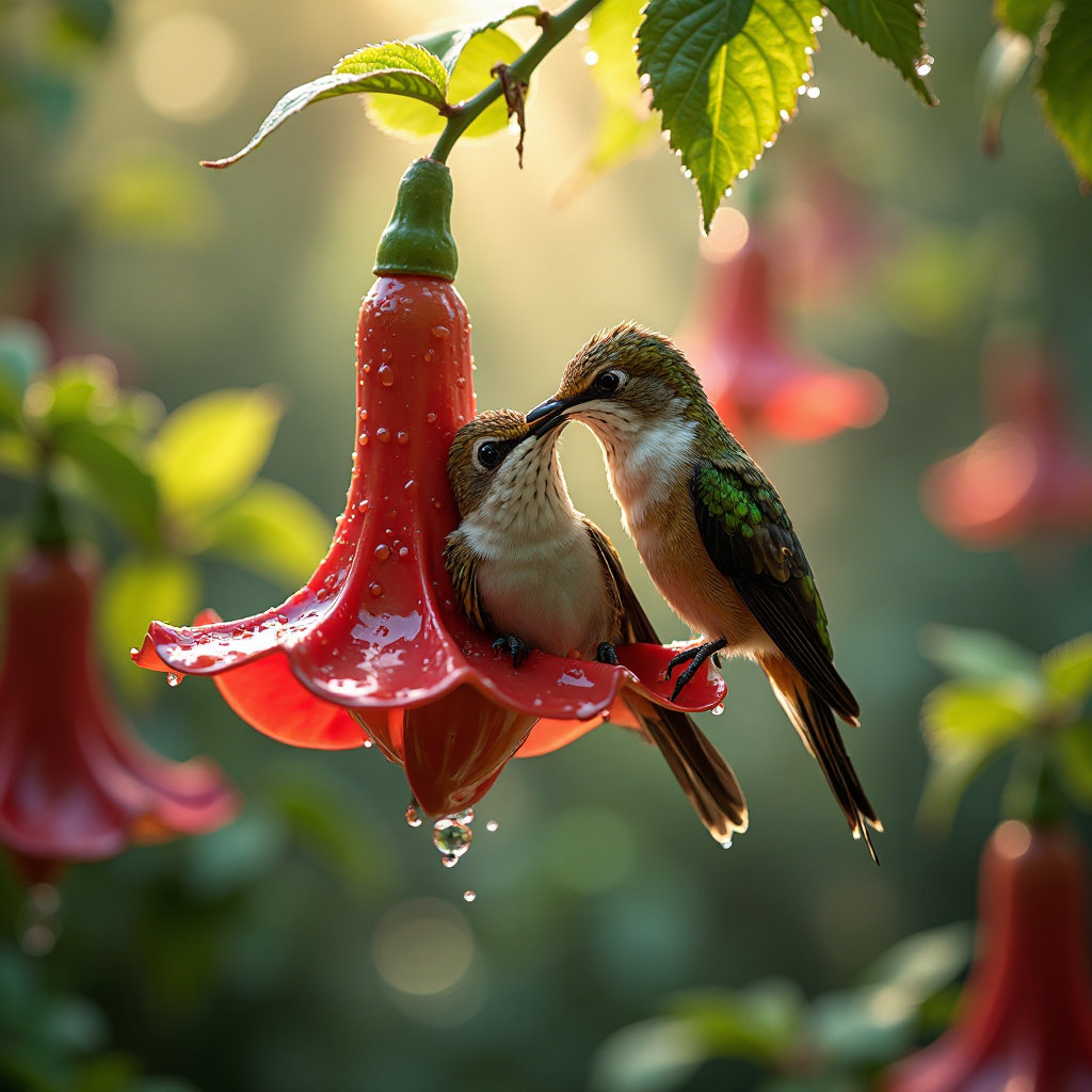 Two beautifully feathered hummingbirds cuddling inside a large red bell-shaped flower, sheltering from summer rain, hanging from vibrant green leaves, warm seasonal lighting, gentle sun rays breaking through light gray clouds, water droplets on petals and foliage, soft background, high-resolution macro photography, Canon camera, ultra-detailed, realistic nature scene, fresh summer atmosphere --ar 9:16 --v 7.0