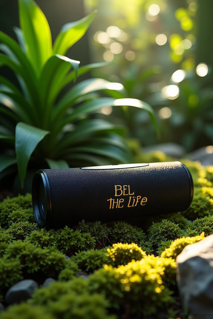 A black Bluetooth speaker with golden accents and the words "feel the life" etched on it lies gracefully amidst a lush carpet of green leaves and moss, surrounded by vibrant tropical plants. Sunlight filters through the dense foliage, casting a warm glow that highlights the sleek glass surface of the speaker, accentuating its elegant curves and creating gentle shadows. An ancient stone, cloaked in verdant growth, rests in the foreground, adding a touch of rustic charm.