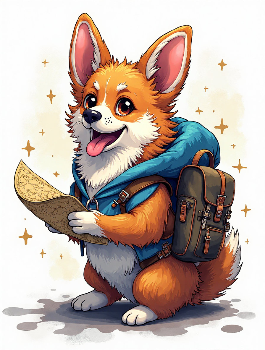 A striking and detailed t-shirt design featuring a cute corgi dog with fluffy fur, wearing a tiny backpack, holding a map. The map emits swirling patterns of adventure. The overall design exudes a playful and adventurous vibe, with the isolated white background allowing the illustration to stand out prominently. Mark Brooks and Dan Mumford, head and shoulders portrait, 8k resolution concept art portrait by Greg Rutkowski, Artgerm, WLOP, Alphonse Mucha dynamic lighting hyperdetailed intricately detailed Splash art trending on Artstation triadic colors Unreal Engine 5 volumetric lighting