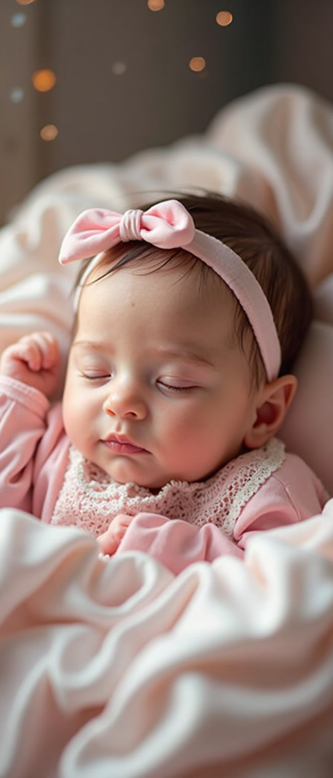 A peacefully sleeping baby girl nestled on soft, shimmering silky fabric in gentle pastel tones. The baby is wearing delicate pink baby nightwear with subtle lace details, and a charming bow-like headband rests gently on her head. Her skin glows with a soft, natural tone under ambient moonlight. The silk cradles her like a cloud, creating a luxurious and dreamy bedtime vibe. The background is softly blurred, with hints of twinkling stars and a calming, celestial glow. Scene is warm, tender, and perfect for a lullaby or baby sleep music channel.
