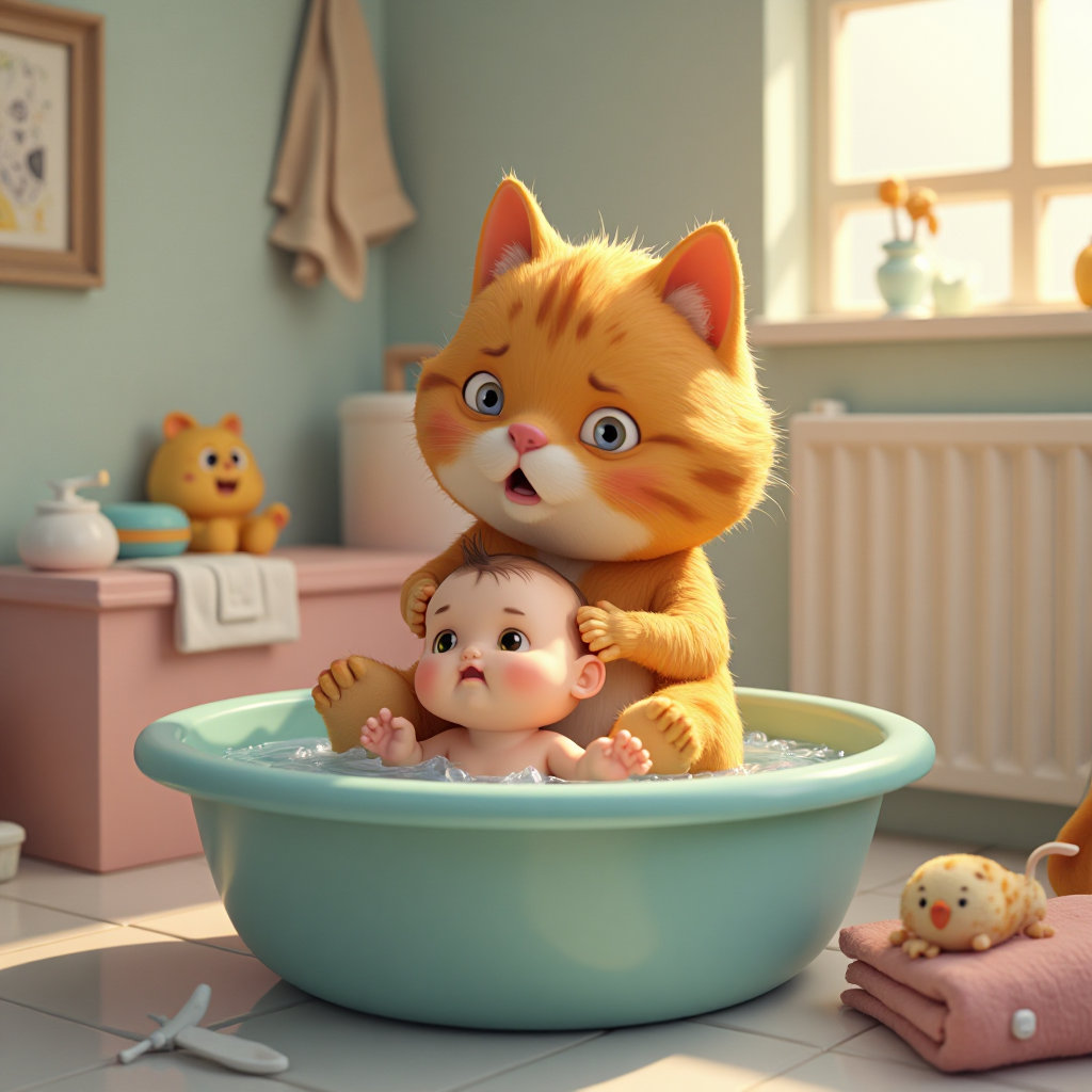 "A realistic 3D anthropomorphic chubby orange cat giving a bath to a small human baby in a nice, clean bathroom. The orange cat looks focused and a bit nervous, gently washing the baby in a round plastic tub with water. The bathroom is cozy and well-lit, with soap, towels, and toys around. The baby looks calm. The cat is clearly chubby and detailed with expressive eyes and orange fur."