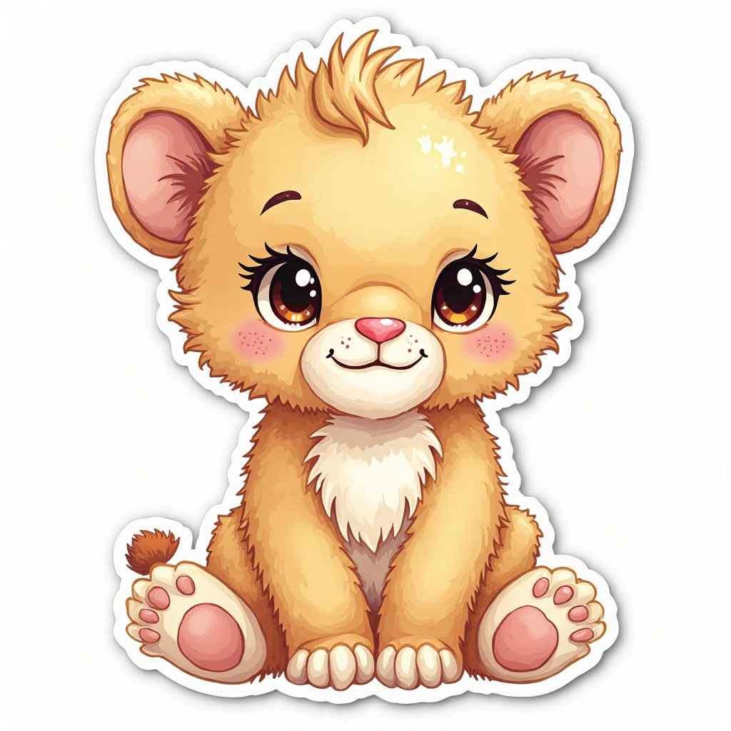 newborn ultra-fluffy lion cub, large sparkling brown eyes framed by simple lashes, tiny heart-shaped pink noses, and rosy cheeks, plush toy aesthetic, fine art printable, in a sweet kawaii sticker style, sitting in center, pastel watercolor highlights, clean line art, transparent background, 300 dpi look, --no extra shading --ar 3:4 --v 7.0