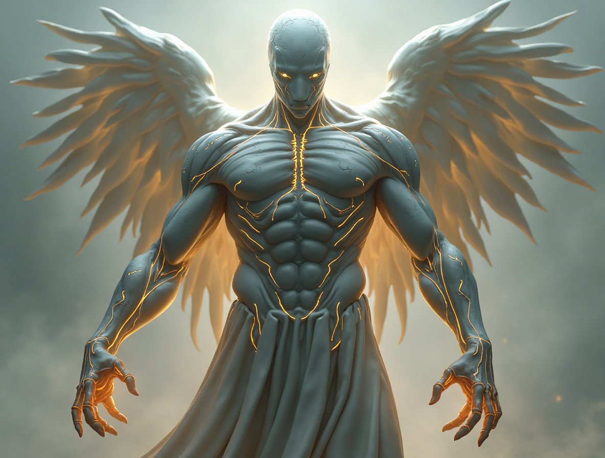 A captivating, otherworldly sci-fi illustration of a colossal, faceless, god-like humanoid creature. This awe-inspiring figure has a large, muscular physique, covered in translucent, luminescent skin and adorned with ethereal angel wings. Its dynamic pose, with massive arms and a chiseled skeletal structure, commands attention as it stands against a muted gray backdrop. Glowing yellow veins trace through muscles, enhancing the futuristic design, while the creature is enveloped in a mesmerizing aura by warm, ethereal lighting. This mysterious presence is both intimidating and enchanting, inviting viewers to ponder the depths of its existence.