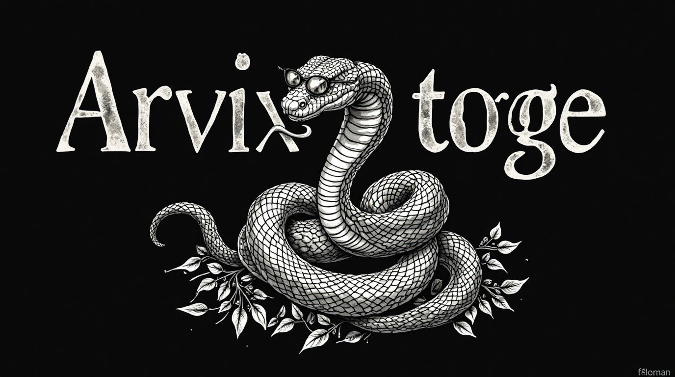 A vintage-style black and white illustration in the aesthetic of traditional American tattoos depicts a coiled cobra, for a rapper , poised and ready to strike. The cobra's scales are intricately detailed, its hood is dramatically raised, and it wears a pair of stylish, thick-rimmed glasses, lending an unexpected modern touch to the classic imagery. The snake’s tongue flicks out slightly as it bites down on a gleaming silver coin, while its expressive eyes convey intelligence and unwavering confidence, with the letter “D” subtly incorporated into the coin’s design. Above the cobra, bold capital letters spell out "Arvix" in a classic college font against a solid black background, creating a striking design suitable for a dp