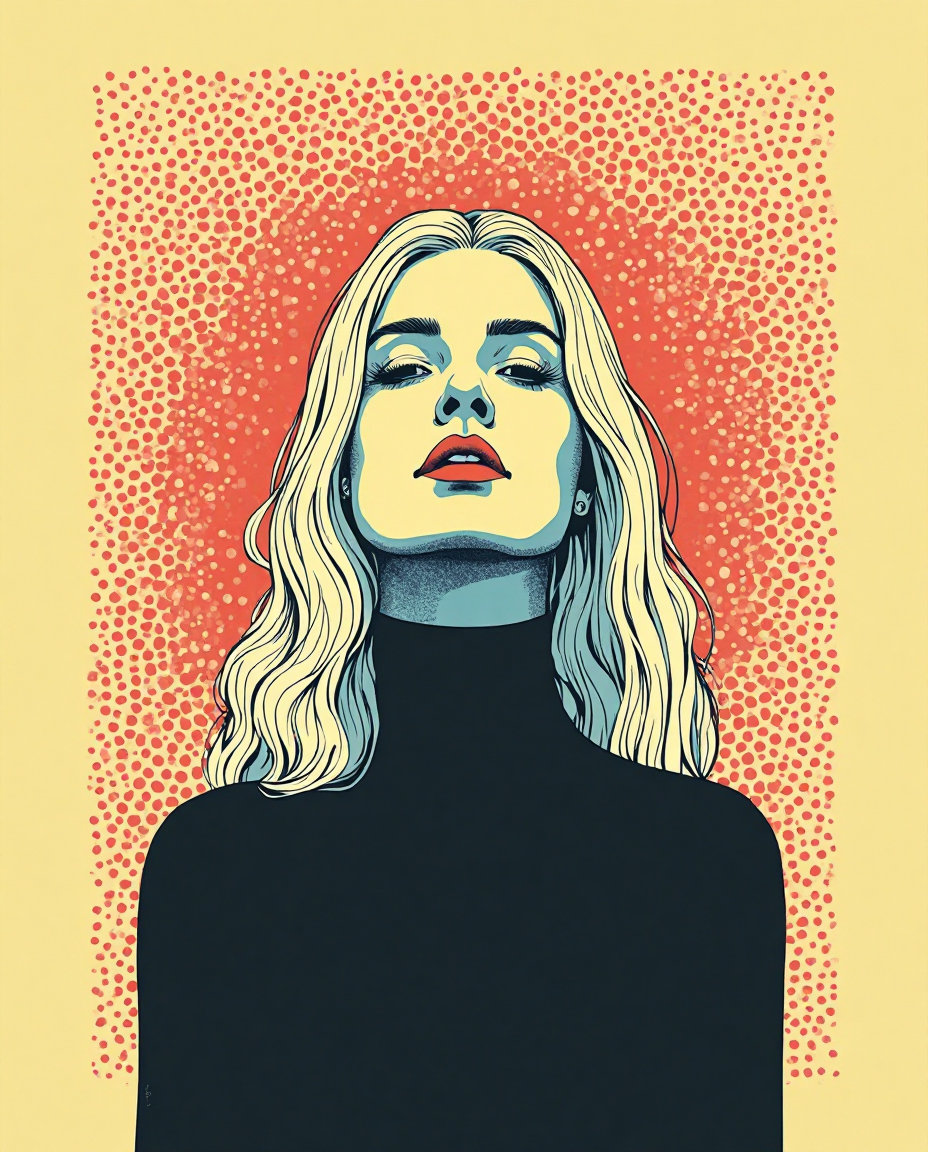 A pop-art illustration in a risograph style featuring a solitary female figure with striking, long white hair. The woman stands centered against a pale yellow background, her face tilted slightly upward with a serene, contemplative expression and wearing a simple black turtleneck. A pattern of dense, overlapping red and blue risograph dots creates a subtle texture around her form and fades into the background.