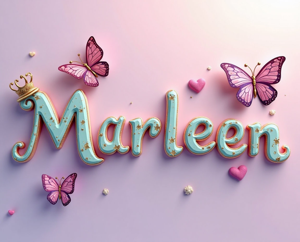 A 3D rendered illustration showcases the name "Marleen" in a playful, art nouveau-inspired font centered against a soft, gradient background transitioning from lavender to rose gold. The stylized letters are adorned with vibrant, swirling paint strokes in coral, turquoise, and gold, accented with subtle glitter highlights, creating a whimsical and enchanting effect. Two butterflies, one vibrant pink with metallic purple details, and the other a soft turquoise, flutter around the text, while a delicate golden crown rests atop the "A" and a few fluffy hearts and soap bubbles drift gently in the background. Soft, diffused lighting enhances the magical ambiance, casting gentle shadows and highlighting the textures of the paint strokes and metallic accents.