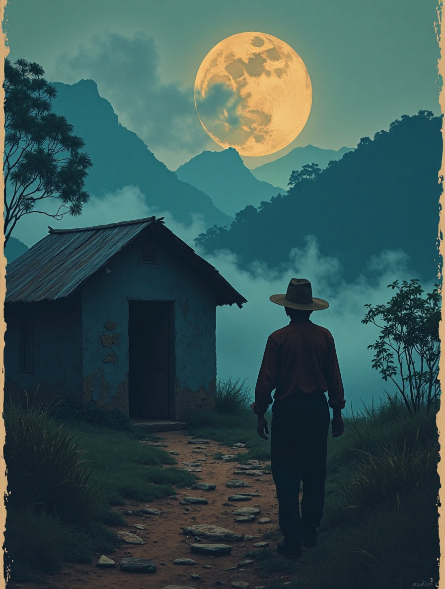 A vertical flyer in a silkscreen style reminiscent of Andy Warhol, but with a somber and tense atmosphere. The central focus is an old man named Natanael, depicted in silhouette, wearing a worn peasant hat, walking determinedly towards a modest hut (shack) nestled among the misty mountains of the Cauca region at dawn. (The old man faces the hut, looking down at it, his back to the viewer.) The hut blends into the fog, while an indigenous woman stands in the doorway, her figure partially obscured by rising smoke. Both figures are bathed in the soft, diffuse moonlight at night, making it look eerie and tense.