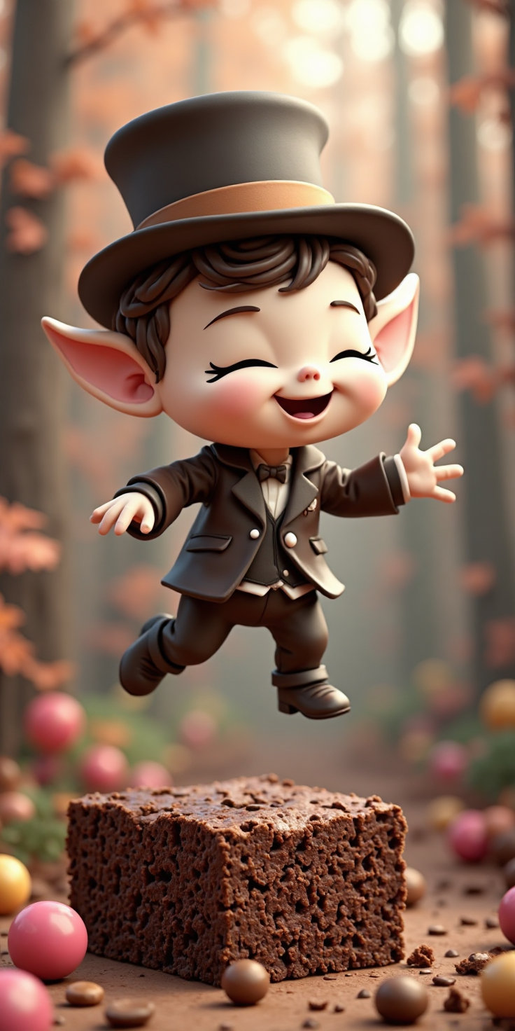 A 3D render of an adorable, handsome elf-like mascot for 'Brownie Chocolá'. The mascot is a small, cute elf with a big head, white skin, styled hair, and is dressed in a stylish suit and a tall top hat. He jumps on a delicious giant brownie. The mascot has a cheerful and playful expression. The background is a candy forest.