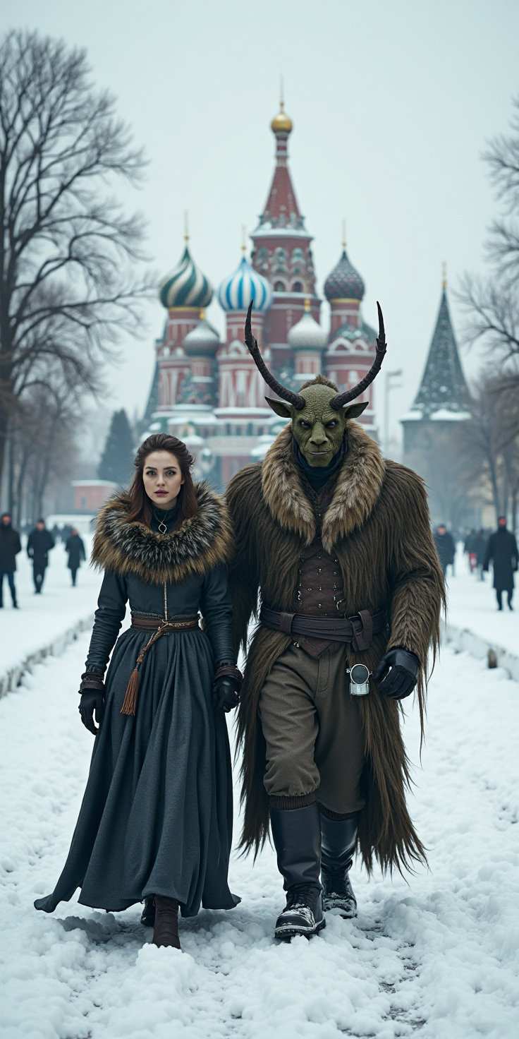 A wintry, snow-covered Red Square with St. Basil’s Cathedral behind. Two characters walk in line toward the camera:
— In front, a noble Russian woman in a fur-trimmed gown and kokoshnik, walking with elegant resolve.
— Directly behind her is a hulking Slavic forest demon (Leshy) transformed into a protector — moss-covered bark-like skin, glowing green eyes, twisted antlers, and an icy breath steaming from his mouth, wrapped in furs and ancient runes.
They walk together through the snow, grace leading ancient power.