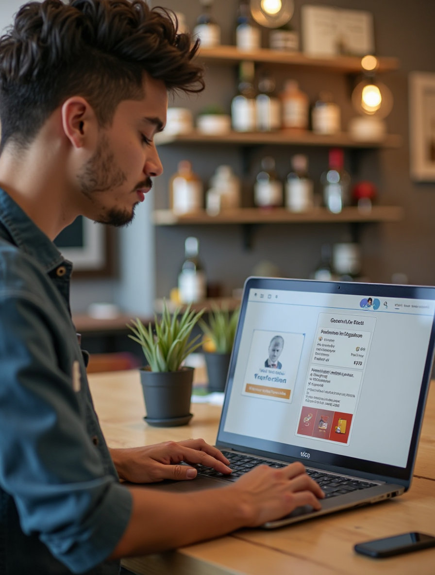 create image using the following information: Small business owner updating Google Business Profile on laptop in their shop.