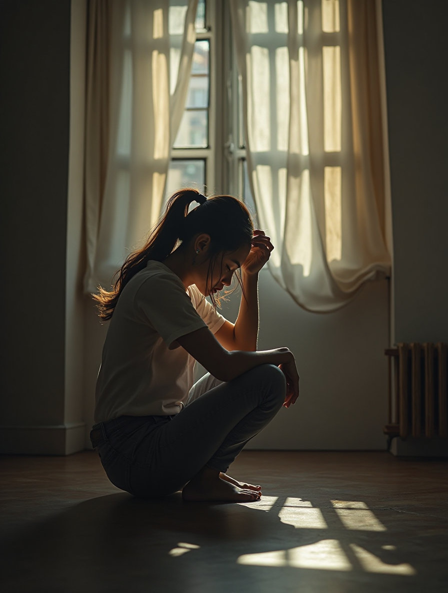 realistic photo of an asian woman sits head bowed down in modern house symbolic of emotional devastation, saturated dramatic lighting
