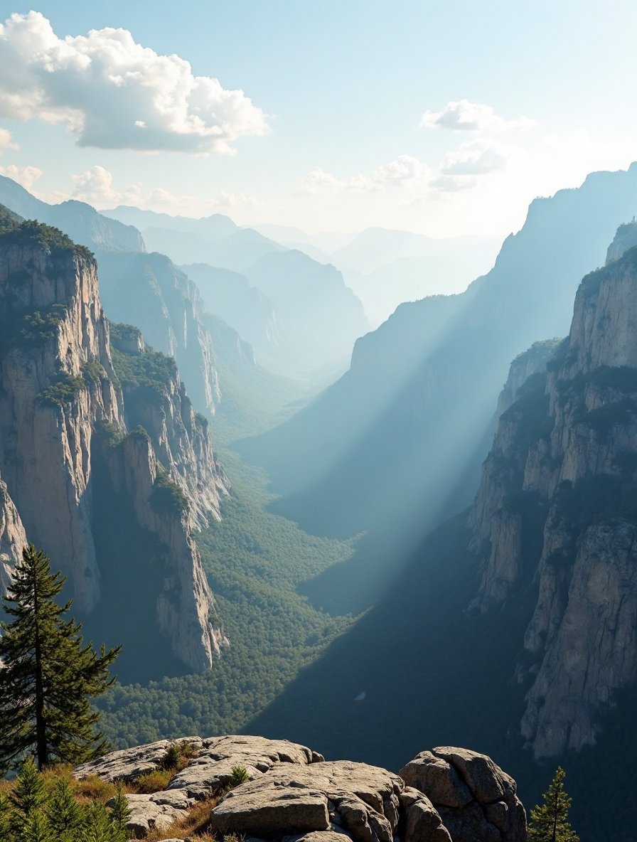 A real life picture of a panoramic view of a vast mountainous landscape. Numerous majestic mountain peaks dominate the scene, stretching across the entire horizon and offering an expansive, breathtaking view. The focus is primarily on the mountains, with their rugged, rocky surfaces clearly visible—featuring a dramatic mix of light and dark brown rock formations. Vegetation is sparse; only a few scattered trees and minimal greenery are present, making the towering mountains the central visual element. The soft, diffused sunlight enhances the natural textures of the rocks. The sky above is clear with a slight haze and scattered clouds. Thin layers of mist settle in the lower valleys, adding depth and atmosphere. The high vantage point offers a wide and immersive perspective of the mountain range. The overall color palette includes earthy browns, muted greens, and soft blues, with gentle lighting that conveys a sense of tranquility, vastness, and raw natural beauty. The style remains realistic and detailed.