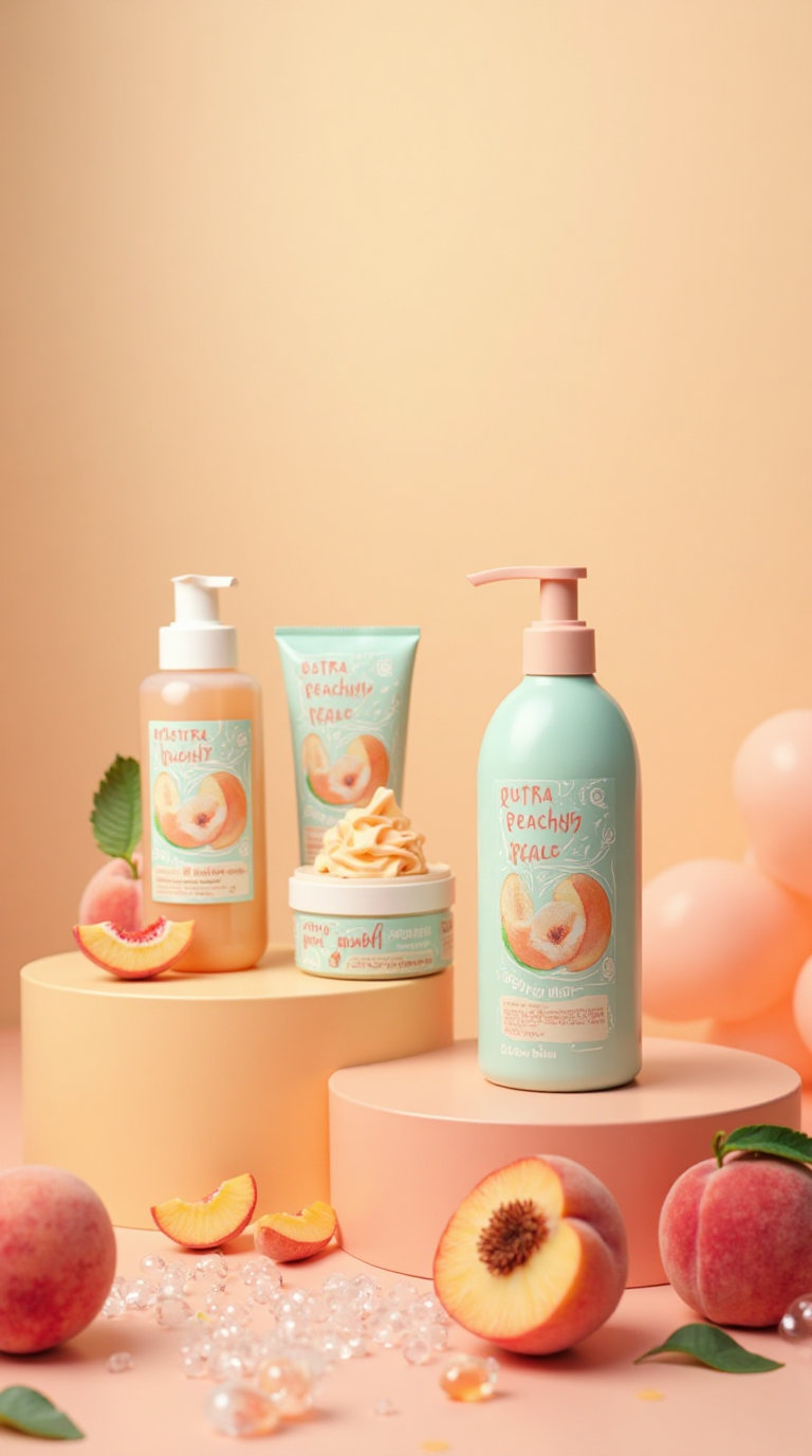 A photograph showcasing the “Extra Peachy” skincare line, arranged elegantly on pastel podiums against a dreamy sunset gradient. The five products – body scrub in a textured tube, body butter in a round jar, bath milk in a sleek bottle, body wash in a pump, and facial wash in a minimalist tube – all feature playful labels with hand-drawn peach illustrations, retro “Extra Peachy” typography, and abstract wavy patterns in mint green, teal, and peach. Scattered amongst the products are realistic peach slices and translucent soap bubbles, bathed in diffused, warm lighting that highlights the glossy and matte textures of the packaging. The background subtly blurs, creating a soft focus depth-of-field effect that emphasizes the cohesive branding and joyful, fresh aesthetic.