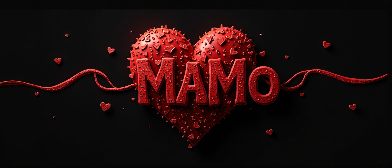 Ilustración estilo póster con el texto en português "MAMÁ" en forma de corazón. Las letras están distorsionadas para seguir la silueta del corazón, manteniendo la legibilidad. El texto es rojo brillante. El fondo es negro.