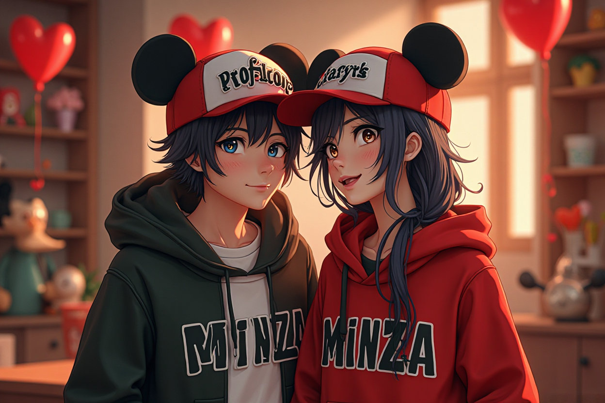 A 3D render of a conceptual image of a young couple named PROFESSOR & MINZA. They are both dressed casually in Black and Red and white hoodies. The boy's hoodie proudly displays the name "PROFESSOR" in bold, striking black font, while the girl's hoodie is adorned with "MINZO" in captivating lettering. They are both wearing Red and white caps embroidered with their names. The individuals have black eyes and black hair with beards. The girl has long Black with gray highlighter hair and black eyes. The PAKISTANI flag background features a warm, joyful room decorated with mickey and minnie shaped ornaments, exuding an atmosphere of love and celebration. The image has a UHD, 4K, HDR quality, showcasing vivid colors and intricate details, seamlessly incorporating elements of fashion and anime. The 3D render imparts a unique depth and perspective, transforming the image into a painting-like masterpiece that effortlessly blends fashion, art, and anime.