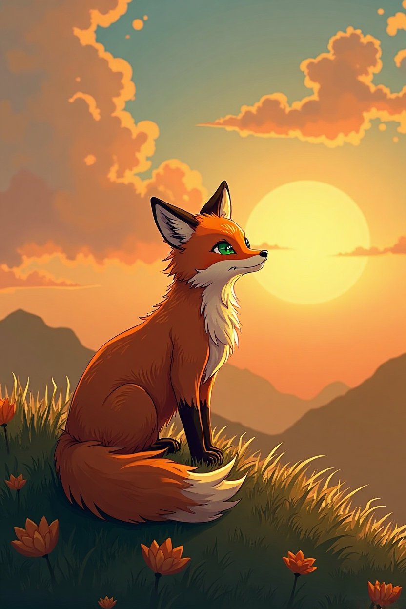 10. **Hopeful Sunrise**      `rusty-orange fox on hill, sunrise sky, wind in fur, hopeful green eyes --ar 21:9 --no buildings, text`