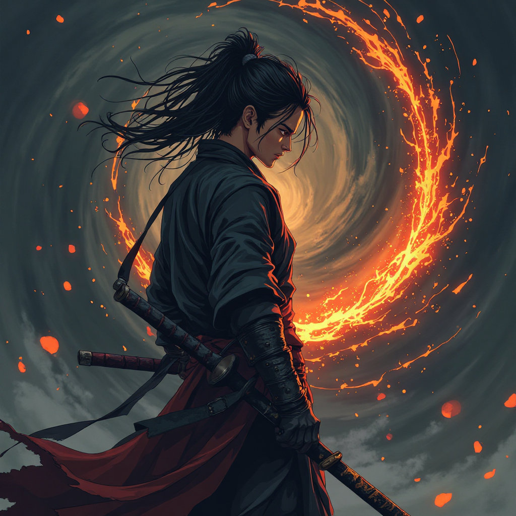 A dynamic anime-style portrait inspired by Solo Leveling depicts a lone samurai warrior standing defiantly against a swirling chaotic vortex. His face, a stoic mask of fierce determination, is framed by windswept, raven-black hair as he firmly grips a katana, the blade radiating a pulsating fiery orange glow that illuminates his intense, focused gaze. Behind him, a vortex of fractured obsidian and dark energy churns, with the glowing crimson kanji symbol “"勇"” (courage) suspended within the currents, transitioning into a deep smoky grey backdrop subtly backlit by the katana’s radiance, creating a powerful and dramatic profile emphasizing strength and resilience. Subtle sparks of orange energy crackle around the katana, adding to the sense of contained, volatile power.
