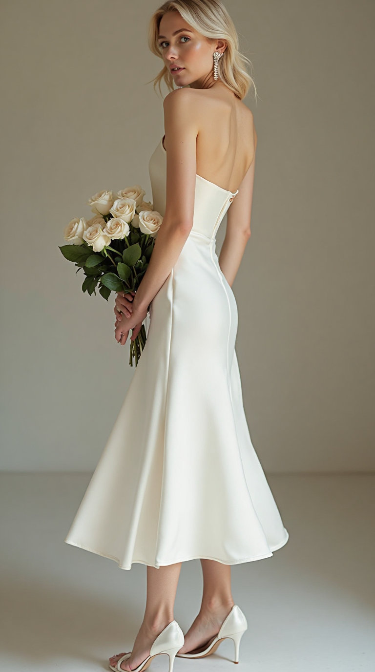 A photo of a young European woman with fair skin straighly standing. She has natural makeup and long, blonde hair that falls gently over her shoulders. She is wearing a bridal white silk knee length gown that reveals her elegant form and white highheels. She is holding a bouquet of roses. She is wearing pearl earrings that sparkle in the soft, diffused light. The background is a neutral, blurred setting that draws all attention to the subject's radiant and captivating presence.