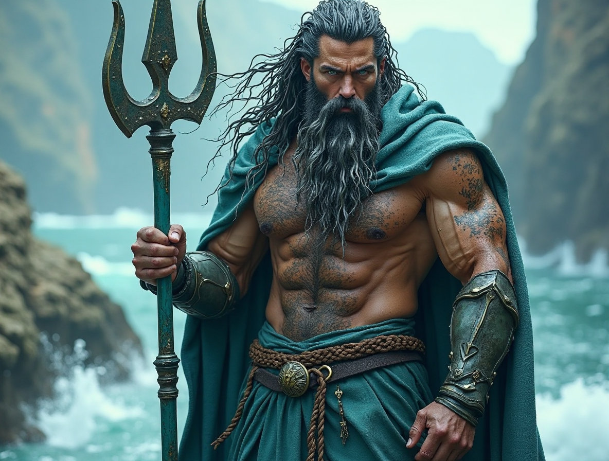 Physical Form:
Rugged and imposing, Poseidon has a heavily muscled, weathered frame, with deep oceanic-green eyes that shimmer like sunlight on waves. His long hair and thick beard are seaweed-dark with streaks of silver foam. His skin is bronzed and lightly salted, as if kissed eternally by the sea breeze.
	•	Attire:
He wears an armored kilt made from iridescent fish scales and kelp-wrapped leather. Over his shoulders drapes a heavy, wet-blue cloak that always seems freshly soaked. Barnacle-studded cuffs and coral crown pieces suggest deep ocean royalty.
	•	Accessories/Weapons:
Wields a mighty trident—ornate, forged from celestial bronze and sea minerals, with tendrils of water that coil and dance around it when he’s angry or focused. A chariot pulled by hippocamps (half-horse, half-fish creatures) is his signature transport.