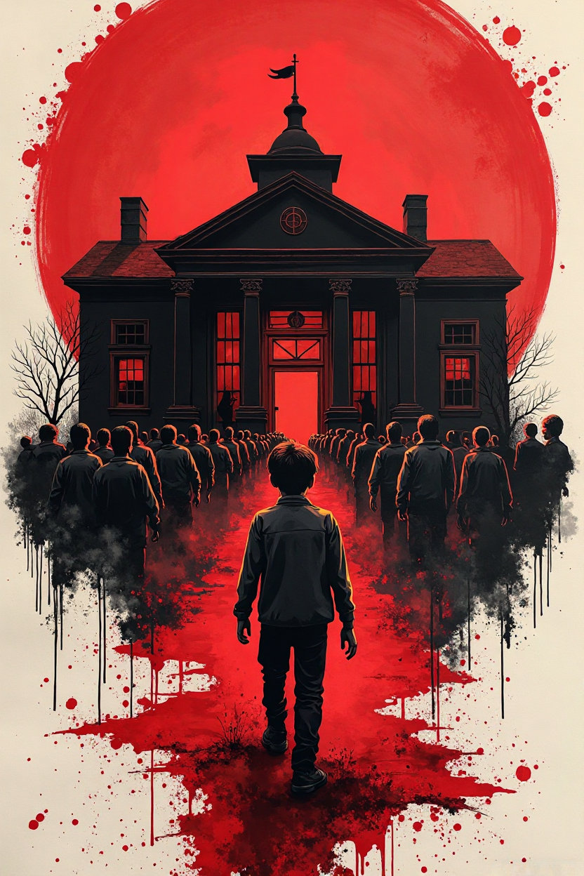 A striking red and black ink painting of a lone kid in front of a school. His Patents and teacher (Zombies) behind him. The ink has been splashed and dripped deliberately to create a chaotic, dynamic effect. The overall atmosphere of the piece is intense and otherworldly