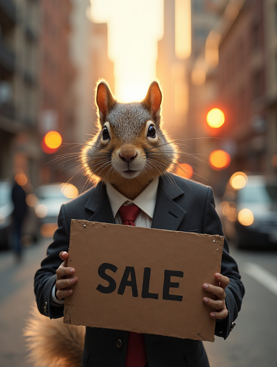 A professional photograph captures a charming squirrel dressed impeccably in a business suit, confidently holding a sign that reads "For Sale" in an urban setting bathed in warm natural lighting. A professional photograph captures a charming squirrel dressed impeccably in a business suit, confidently holding a sign that reads "For Sale" in an urban setting bathed in warm natural lighting. The squirrel wears a phylactery around its neck, containing a glowing light bulb that casts a soft, radiant glow, adding a whimsical touch. The background features a beautiful bokeh effect, blurring the cityscape behind the squirrel while keeping the sharp focus on its detailed, lifelike form. squirrel wears a phylactery around its neck, containing a glowing A professional photograph captures a charming squirrel dressed impeccably in a business suit, confidently holding a sign that reads "For Sale" in an urban setting bathed in warm natural lighting. The squirrel wears a phylactery around its neck, containing a glowing light bulb that casts a soft, radiant glow, adding a whimsical touch. The background features a beautiful bokeh effect, blurring the cityscape behind the squirrel while keeping the sharp focus on its detailed, lifelike form. bulb that casts a soft, radiant glow, adding a whimsical touch. A professional photograph captures a charming squirrel dressed impeccably in a business suit, confidently holding a sign that reads "For Sale" in an urban setting bathed in warm natural lighting. The squirrel wears a phylactery around its neck, containing a glowing light bulb that casts a soft, radiant glow, adding a whimsical touch. The background features a beautiful bokeh effect, blurring the cityscape behind the squirrel while keeping the sharp focus on its detailed, lifelike form. background features a beautiful bokeh effect, blurring the cityscape behind the squirrel while keeping the sharp focus on its detailed, A professional photograph captures a charming squirrel dressed im