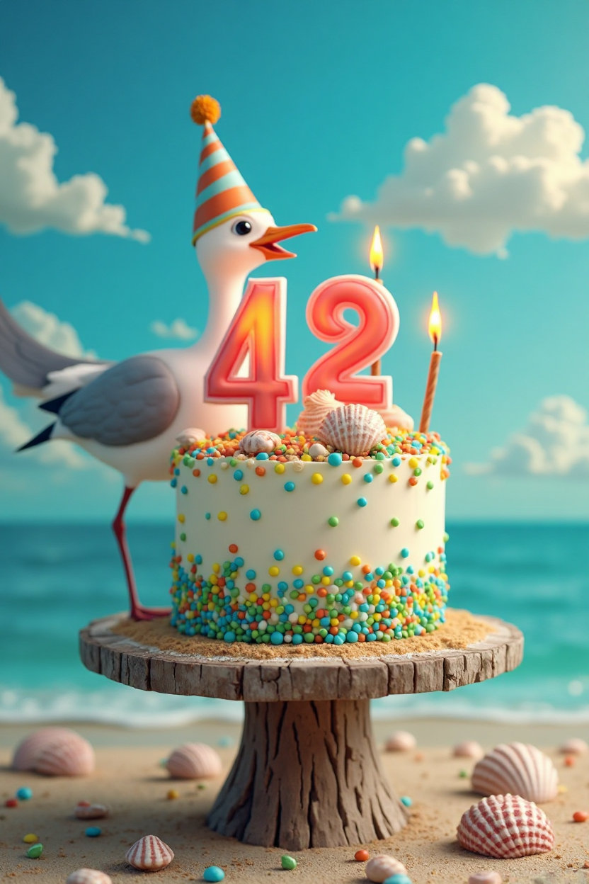 A joyful seagull, adorned with a colorful party hat and a bright, beaming smile, stands before a vibrant, multi-tiered birthday cake, illuminated by 42 soft, warm, and golden candlelights, against a serene, sun-kissed sky with a few puffy white clouds, the cake featuring creamy white frosting, decorated with sprinkles in shades of blue, green, and yellow, and a large, bold, red numeral '42' made of sugar, situated on a rustic, driftwood-textured beachside pedestal, surrounded by a few scattered seashells and a sprinkling of sand.