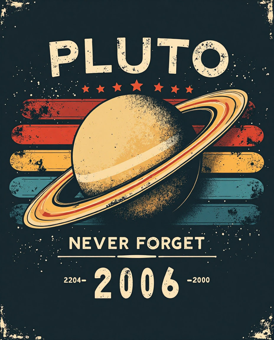 A retro-style distressed graphic featuring Pluto as a central celestial body that is no ring with a textured, slightly faded look. The planet is surrounded by horizontal vintage-style stripes in red, orange, yellow, and blue, with a worn-out effect. Above Pluto, "PLUTO" is written in bold, capital letters with a slightly distressed texture, and five small stars are arranged above it. Below the planet, "NEVER FORGET" is displayed in a bold, blocky font, followed by the years "1930 - 2006" underneath. The entire design has a nostalgic, vintage aesthetic reminiscent of old-school space exploration or retro T-shirt designs. The background is dark, preferably black or navy, to enhance contrast.