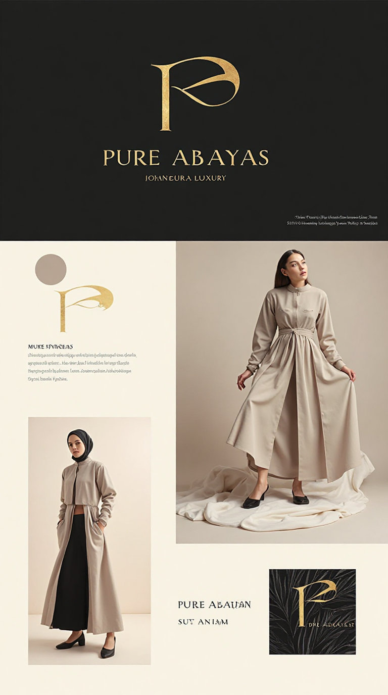 A minimalist, high-end, and timeless luxury modest fashion brand specializing in high-end abayas. The branding reflects elegance, sophistication, and exclusivity. The logo structure includes a lettermark "PA", a wordmark "Pure Abayas", and Arabic text "تصميم ياسمين". The branding and design style should be minimalist, high-end, and timeless. The colour palette should include primary colours black, gold, and an alternative subtle gold gradient or foil effect. The typography and spacing should be clean, refined, and sophisticated. The full branding package should include the primary logo, secondary logo variations, brand colour palette, typography guidelines, brand pattern/texture, and social media & website assets.