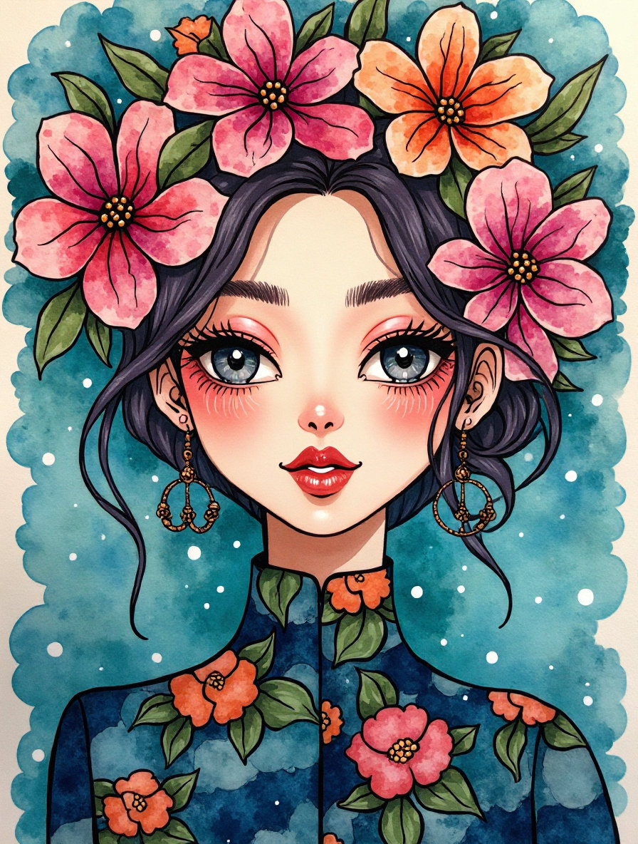 Create a 3D water colour beautiful lady face abstract stained glass artwork masterpiece illustration vibrant flowers, Fashion