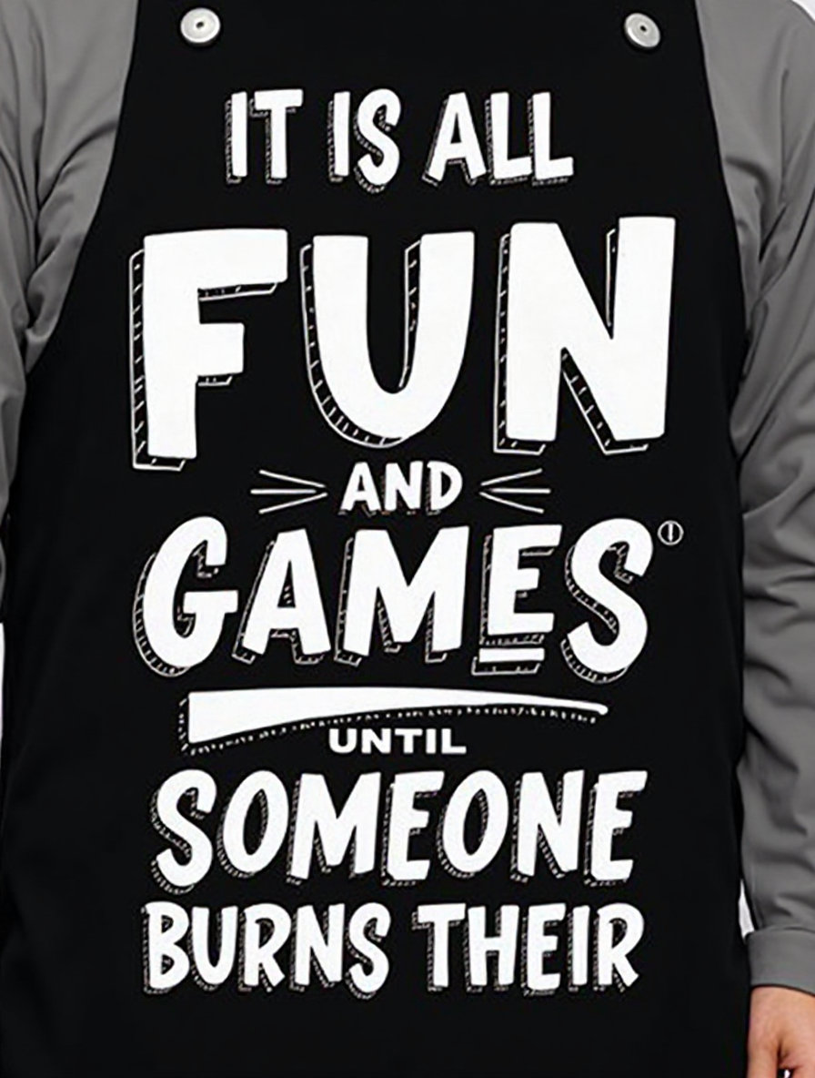 Text:
Bold white comic-style text that says:
“IT’S ALL FUN AND GAMES” on the top line,
“UNTIL SOMEONE BURNS THEIR ” below in bold, playful caps.
Flat PNG design with transparent background, intended for printing on a black apron.
