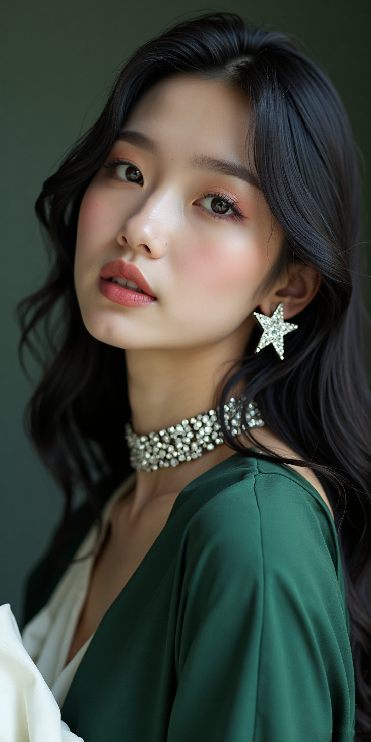 A photo of a beautiful young Korean woman with long straight black hair. She has a unique dark green outfit with long sleeves and white cuffs. She is wearing a sparkling oversized star-shaped earring and a chunky jeweled choker necklace. Her makeup is soft and elegant with a focus on glossy lips and dewy skin. The background is softly blurred.