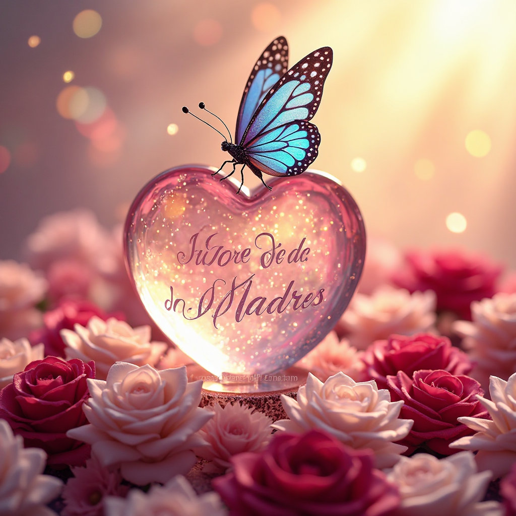 In a warmly lit photograph, a beautifully crafted crystal heart gleams with inner light, bearing the name "Feliz Día De Las Madres" in elegant cursive letters. Perched gracefully above the heart is a delicate butterfly with iridescent blue wings adorned with intricate patterns and tiny black dots. The heart rests on a round base filled with petite white abd red roses, their petals soft and pristine. The Pink pastel background, filled with wispy clouds and a golden sunset, creates a serene and ethereal atmosphere, drawing the viewer's eye to the stunning interplay of light and detail between the heart and the butterfly.