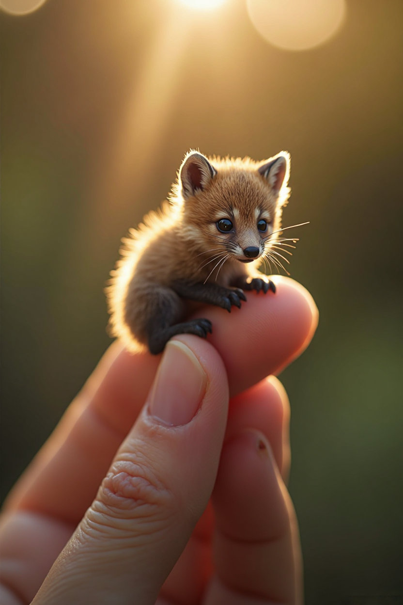 Close-up macro shot of a miniature bear, no larger than 2 centimeters, resting gently on the tip of a human finger. The creature looks tiny, with great detail in its fur, skin, and eyes. The shallow depth of field creates a soft, muted background (bokeh), drawing full attention to the tiny animal. A few bright rays of sunlight and leaking golden light shine softly in the background, adding a magical, cinematic feel. The natural lighting and soft shadows enhance the texture of the fox cub. The human finger is clearly visible due to its scale, emphasizing how incredibly small and detailed the animal is. Very realistic, cinematic, and photorealistic.