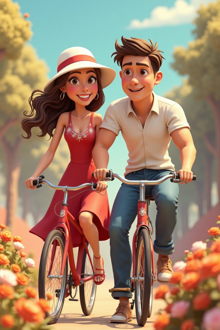 a pixar style 3D cartoon image couple , a 23 year old women that looks like Jennifer Lopez wearing red frock with white embroidery and white high quality women cap and red ribbon and a man 27 year old that looks like Tom Cruise and is wearing white shirt and blue jeans both cycling bicycles, full colorful flowers..