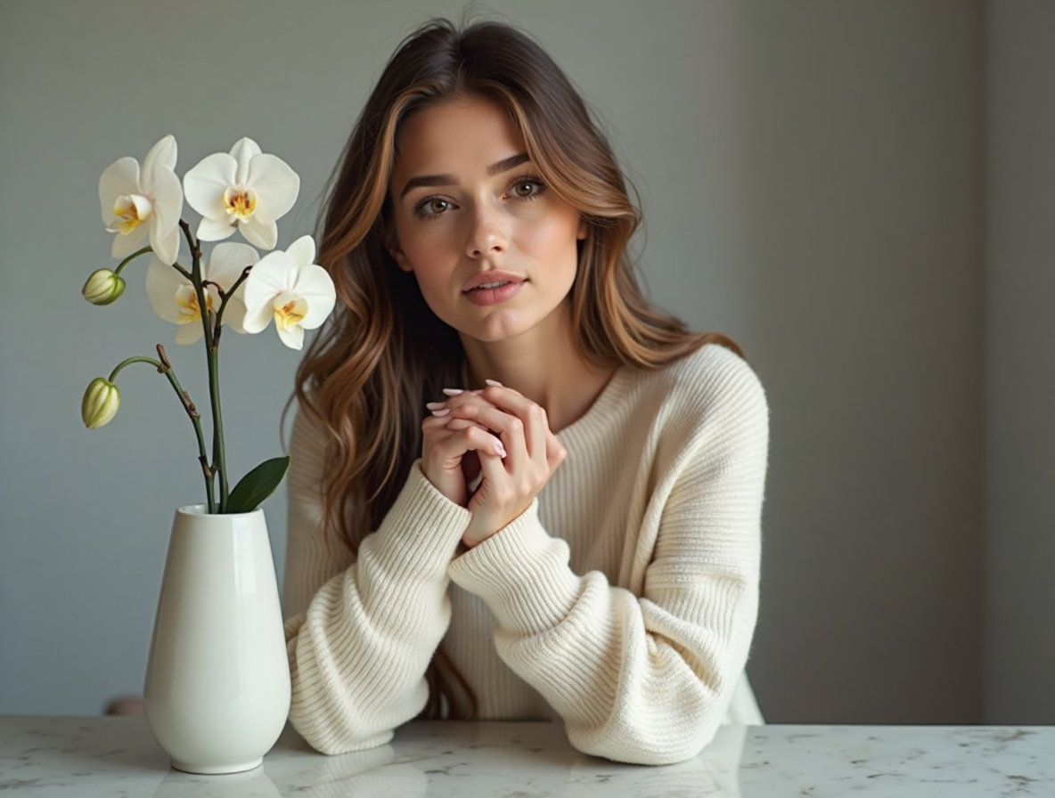 A polished portrait photograph showcases "Anya Bloom," a virtual AI influencer embodying understated elegance within a modern, minimalist studio. She is posed slightly off-center, her long, subtly wavy light brown hair gently framing a face with light hazel eyes, delicately contoured cheekbones, and a soft, inviting gaze directed towards the viewer. Anya wears a cream-colored cashmere sweater, her hands gracefully clasped in her lap while a single, minimalist orchid rests on a nearby polished concrete table, subtly mirroring the soft curves of her face. The background is a softly blurred gradient of muted gray tones, illuminated by diffused, cool-toned ambient lighting creating a serene and symmetrical aesthetic.