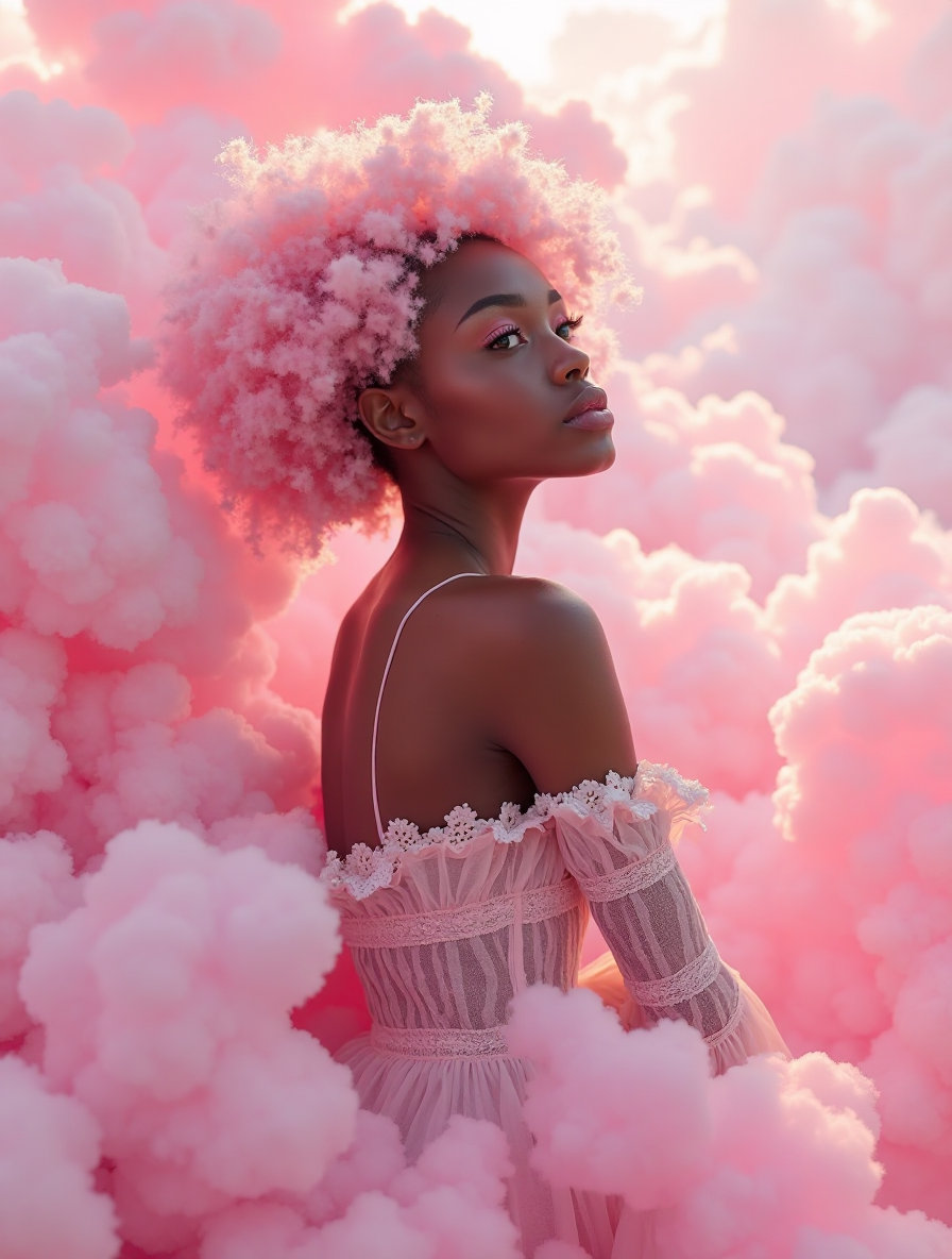 A dreamy, ethereal portrait photograph showcases a black woman with strikingly vibrant pastel pink hair, her complexion illuminated by a gentle, otherworldly glow accentuated by delicate pink eyeshadow and matching lipstick. She stands poised and serene, gazing slightly upward with an expression of quiet contemplation, draped in a flowing, antique-lace-adorned pink dress that blends seamlessly with the swirling clouds around her. Voluminous, hot pink clouds resembling fluffy cotton candy gently envelop her form, softly illuminated by diffused, pastel-toned light emanating from above, while the background softly fades into a gradient of pink. This creates a romantic and delicate atmosphere, emphasizing the woman's ethereal beauty and the whimsical nature of the dreamscape.