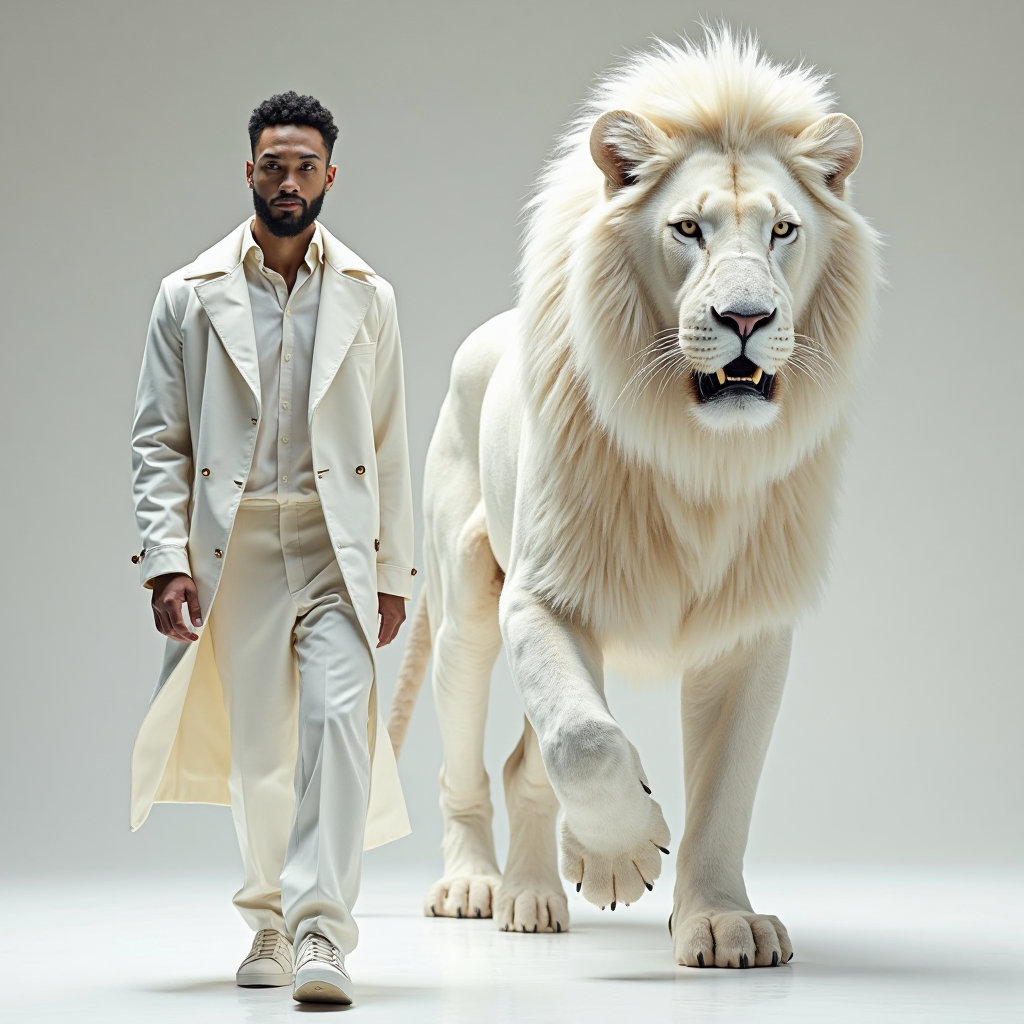 Candid shot, captured with the Canon EOS R5, a hyper-realistic full-body portrait of a A sharply handsome woman wearing elegant white outfit Dior clothing strides forward, full-body, front-facing. Beside him walks a gigantic white lion, at least four times taller than the man. The lion's glossy white fur is intricately patterned with embedded Dior logos, seamlessly woven into the natural texture of its coat. Their matching luxury gold marble-white silhouettes dominate the scene. Hyper-realistic, ultra-high-resolution, intense editorial atmosphere. --v 7.0 --ar 9:16 --raw