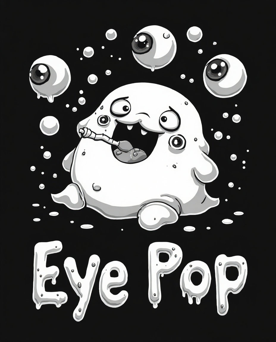 "Bold black and white animated illustration of a blob monster chibi blowing bubbles. The bubbles are filled with eyeballs. Goopy, wobbly lines emphasize the amorphous form. Solid black background. 'Eye Pop' text in a bubbly, dripping font. Goofy-grotesque aesthetic. --style animated illustration --colors black and white --subject chibi blob monster, bubbles --details eyeball bubbles, goopy lines, dripping text --mood fun, edgy --background solid black"