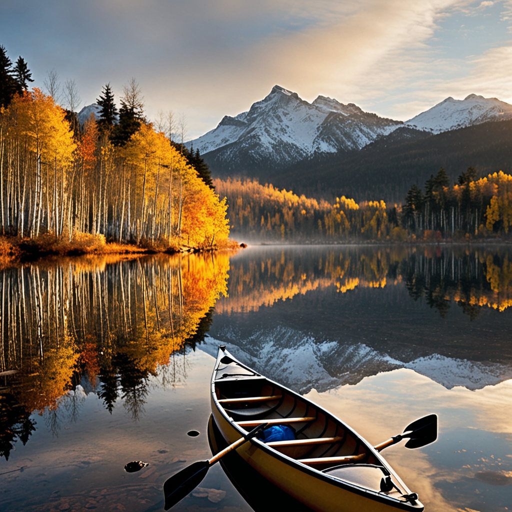 A photograph of a serene mountain lake reflecting a vibrant sunrise. The glassy water perfectly mirrors the surrounding landscape, showcasing a cluster of bare birch trees with golden leaves on the shoreline in the foreground, and a solitary canoe gently drifting in the center of the lake. Towering behind the lake, a range of jagged, snow-capped peaks are partially veiled in a soft mist, illuminated by the warm glow of the rising sun, with “Golden Peak” etched faintly onto the furthest peak. Soft, diffused light casts a dreamlike quality over the entire scene, enhancing the peaceful and ethereal atmosphere.