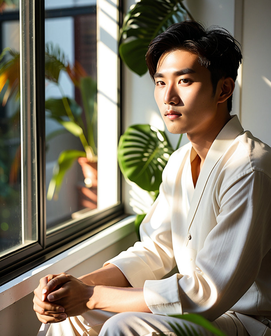 A professional photograph of a 25-year-old sweet and handsome Korean man sitting near a softly lit window. He has a reflective and melancholic expression, with gentle emotions visible on his fair-skinned, warm Asian complexion. He wears modern indian attire in pristine white, enhancing the serene atmosphere. The blurred tropical foliage outside the window adds depth and a sense of solitude. Soft, warm tones envelop him, casting a gentle glow over the scene, capturing the sad and deep emotion.