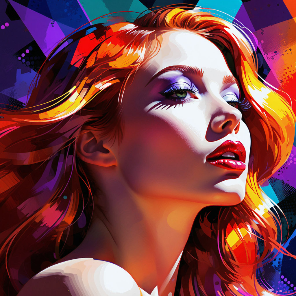 A stunning, highly stylized digital painting of a woman's profile, looking upwards and to the right. Her features are elegantly rendered with sharp definition, particularly her almond-shaped eye with long lashes and full, sensuous lips painted in a striking red. Her long hair flows dynamically around her head and shoulders, suggesting motion. The color palette is intensely vibrant and neon, dominated by fiery oranges, deep reds, electric blues, radiant purples, and touches of bright green and yellow, all blending seamlessly with a high degree of saturation. The lighting is dramatic and evocative, highlighting her face with brilliant hues and casting dynamic shadows. The background features abstract, geometric patterns and subtle halftone dots, adding to the digital and futuristic aesthetic. The overall technique is reminiscent of pop art and digital illustration, with clean lines and bold color blocking, yet possessing a painterly quality through subtle texture and brushstroke suggestions. The composition is vertical, emphasizing her upward gaze and the flow of her hair.Color Saturation: Maximize color saturation to 100%.
Luminosity: Boost luminosity in the highlights to create an almost glowing effect.
Contrast: Enhance color contrast significantly, making each hue pop against its neighbors.
Neon Glow: Apply a subtle neon glow effect to the dominant colors (reds, oranges, blues, purples).Vibrant Blending: Ensure smooth, yet distinct, transitions between the vibrant color gradients.Dynamic Range: Expand the dynamic range of colors to achieve the widest possible spectrum of bright and intense hues.