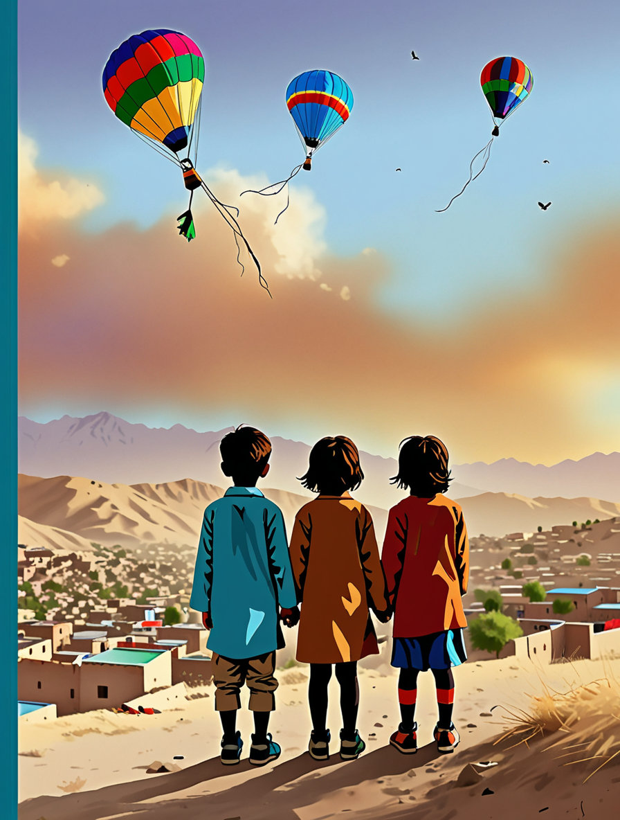 Create a textless book cover inspired by the novel Comets in the Sky. The image must convey a mixture of nostalgia, innocence and remorse. It depicts two Afghan children in Kabul during the '60s: one of them slightly more elegant, the other in simpler clothes. They are on a hill looking up at the sky as colorful kites fly, with a melancholy yet beautiful atmosphere. In the background, you can see adobe houses and the typical mountains of Afghanistan. The sky has a warm sunset tone with some clouds. The style can be detailed digital illustration or semi-realistic painting, with a soft color palette but with emotional contrast.