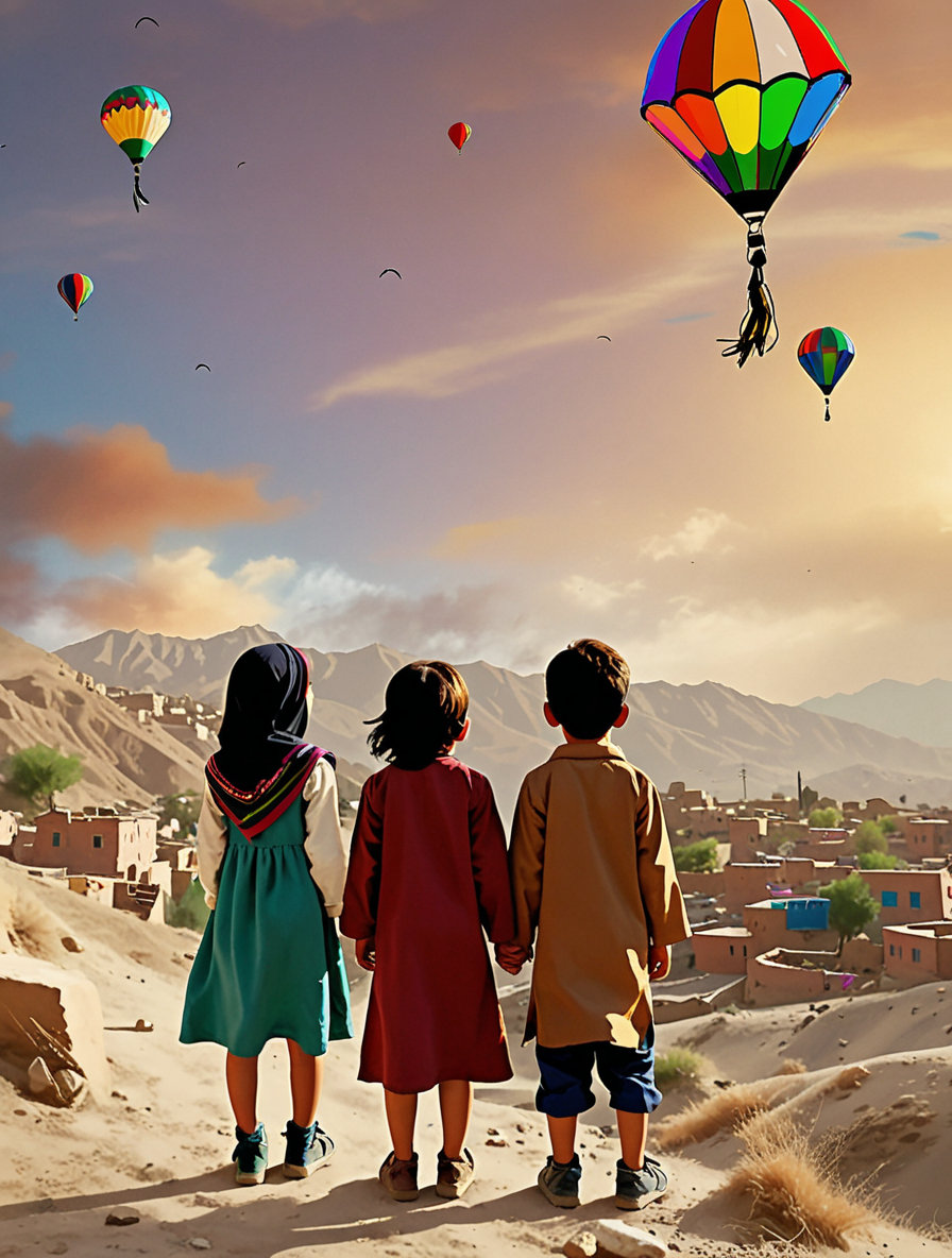 Create a textless book cover inspired by the novel Comets in the Sky. The image must convey a mixture of nostalgia, innocence and remorse. It depicts two Afghan children in Kabul during the '60s: one of them slightly more elegant, the other in simpler clothes. They are on a hill looking up at the sky as colorful kites fly, with a melancholy yet beautiful atmosphere. In the background, you can see adobe houses and the typical mountains of Afghanistan. The sky has a warm sunset tone with some clouds. The style can be detailed digital illustration or semi-realistic painting, with a soft color palette but with emotional contrast.
