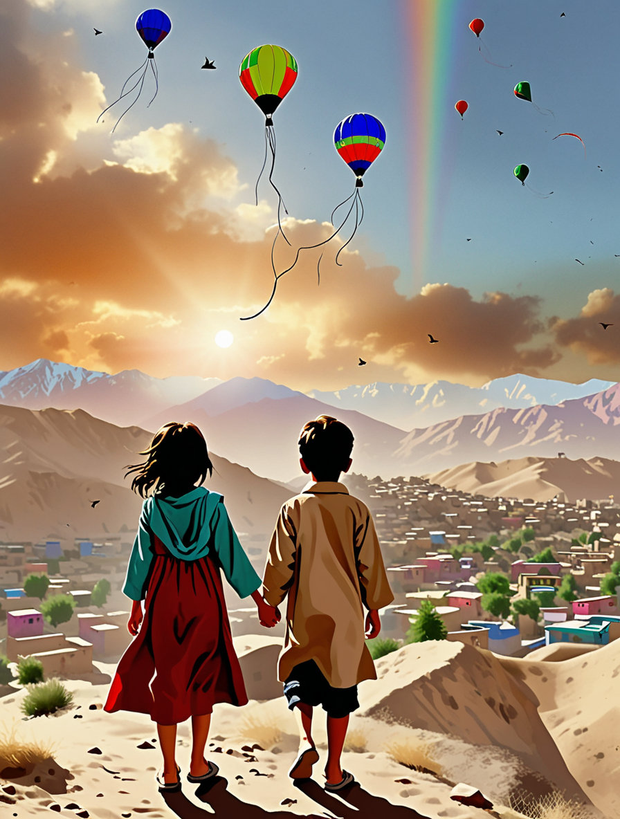 Create a textless book cover inspired by the novel Comets in the Sky. The image must convey a mixture of nostalgia, innocence and remorse. It depicts two Afghan children in Kabul during the '60s: one of them slightly more elegant, the other in simpler clothes. They are on a hill looking up at the sky as colorful kites fly, with a melancholy yet beautiful atmosphere. In the background, you can see adobe houses and the typical mountains of Afghanistan. The sky has a warm sunset tone with some clouds. The style can be detailed digital illustration or semi-realistic painting, with a soft color palette but with emotional contrast.