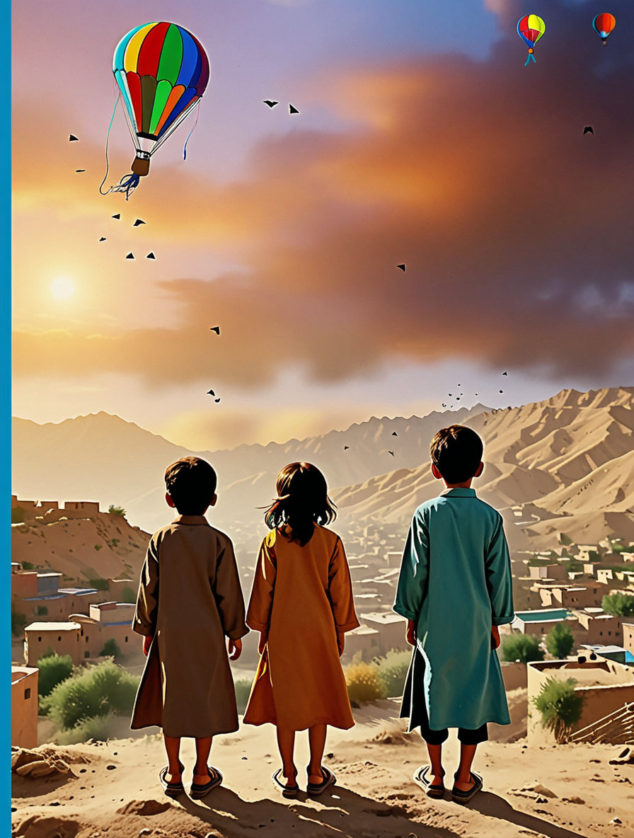Create a textless book cover inspired by the novel Comets in the Sky. The image must convey a mixture of nostalgia, innocence and remorse. It depicts two Afghan children in Kabul during the '60s: one of them slightly more elegant, the other in simpler clothes. They are on a hill looking up at the sky as colorful kites fly, with a melancholy yet beautiful atmosphere. In the background, you can see adobe houses and the typical mountains of Afghanistan. The sky has a warm sunset tone with some clouds. The style can be detailed digital illustration or semi-realistic painting, with a soft color palette but with emotional contrast.
