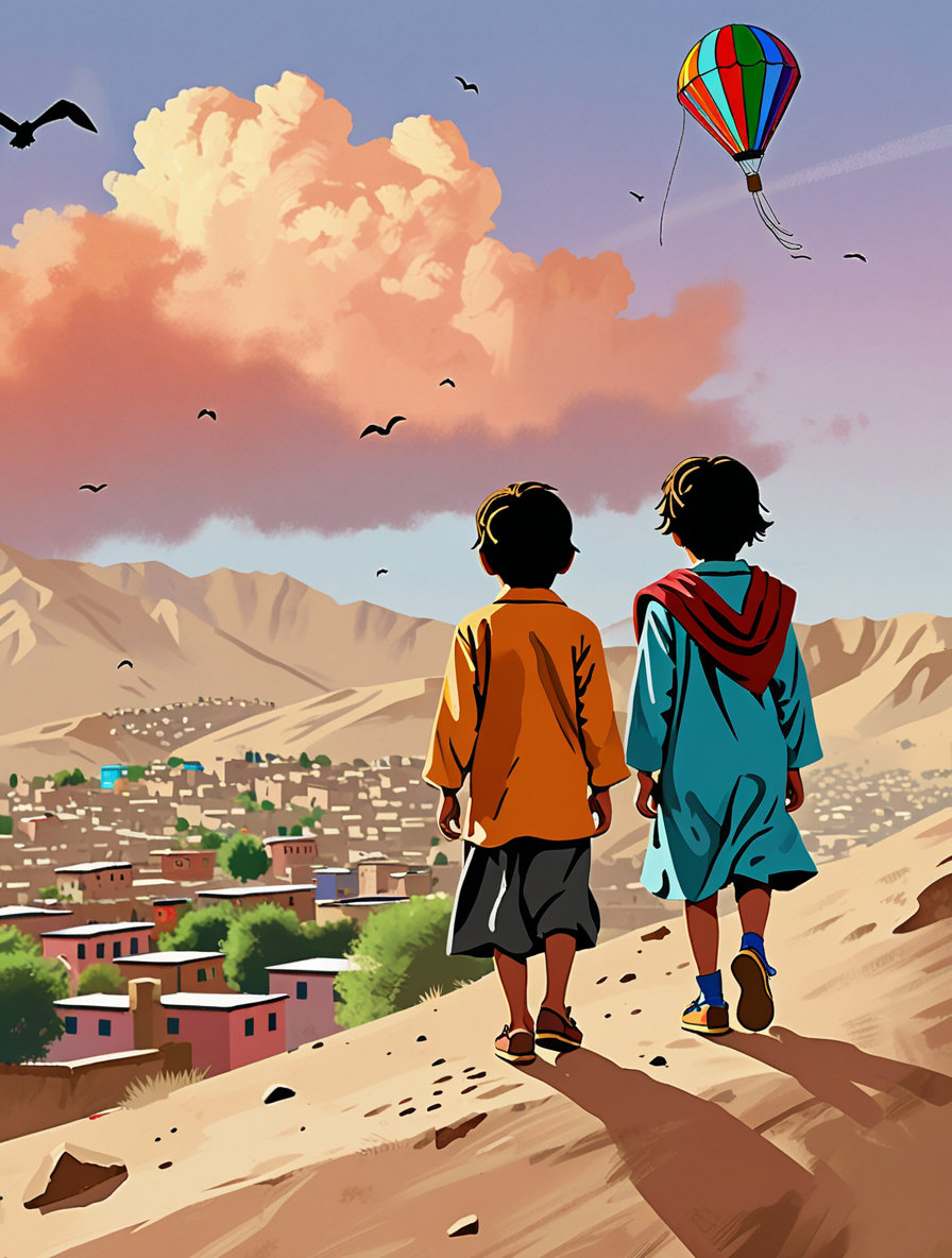 Create a textless book cover inspired by the novel Comets in the Sky. The image must convey a mixture of nostalgia, innocence and remorse. It depicts two Afghan children in Kabul during the '60s: one of them slightly more elegant, the other in simpler clothes. They are on a hill looking up at the sky as colorful kites fly, with a melancholy yet beautiful atmosphere. In the background, you can see adobe houses and the typical mountains of Afghanistan. The sky has a warm sunset tone with some clouds. The style can be detailed digital illustration or semi-realistic painting, with a soft color palette but with emotional contrast.