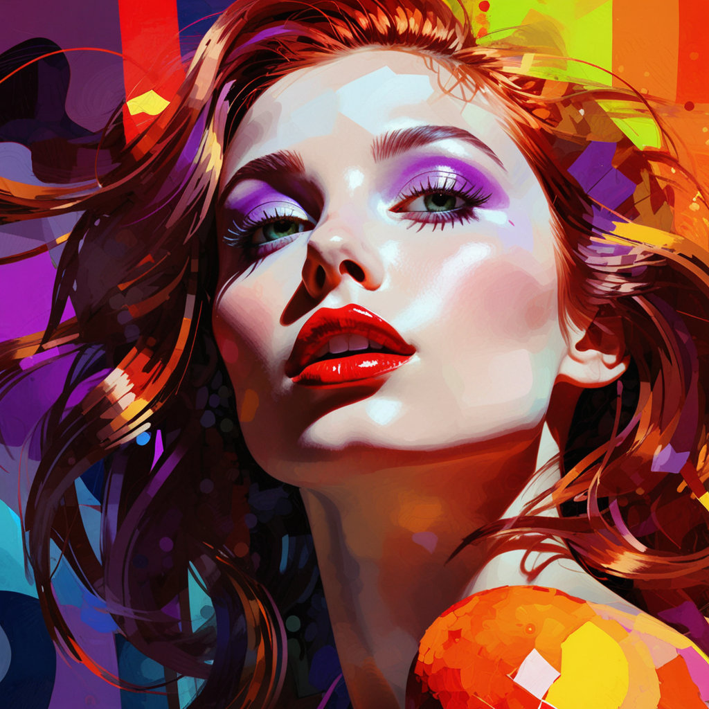 A stunning, highly stylized digital painting of a woman's profile, looking upwards and to the right. Her features are elegantly rendered with sharp definition, particularly her almond-shaped eye with long lashes and full, sensuous lips painted in a striking red. Her long hair flows dynamically around her head and shoulders, suggesting motion. The color palette is intensely vibrant and neon, dominated by fiery oranges, deep reds, electric blues, radiant purples, and touches of bright green and yellow, all blending seamlessly with a high degree of saturation. The lighting is dramatic and evocative, highlighting her face with brilliant hues and casting dynamic shadows. The background features abstract, geometric patterns and subtle halftone dots, adding to the digital and futuristic aesthetic. The overall technique is reminiscent of pop art and digital illustration, with clean lines and bold color blocking, yet possessing a painterly quality through subtle texture and brushstroke suggestions. The composition is vertical, emphasizing her upward gaze and the flow of her hair.Color Saturation: Maximize color saturation to 100%.
Luminosity: Boost luminosity in the highlights to create an almost glowing effect.
Contrast: Enhance color contrast significantly, making each hue pop against its neighbors.
Neon Glow: Apply a subtle neon glow effect to the dominant colors (reds, oranges, blues, purples).Vibrant Blending: Ensure smooth, yet distinct, transitions between the vibrant color gradients.Dynamic Range: Expand the dynamic range of colors to achieve the widest possible spectrum of bright and intense hues.